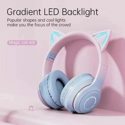 Cat Ear Wireless Headphones With RGB Lights For Calls - pastel blue cat-ear Bluetooth headset with gradient LED backlight and detachable mic