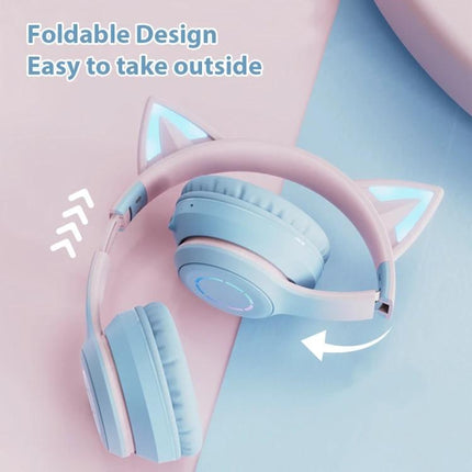 Cat Ear Wireless Headphones With RGB Lights For Calls - foldable blue cat-ear Bluetooth headset with detachable mic and RGB glow