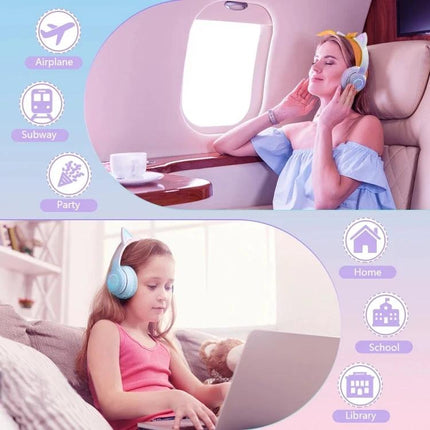 Cat Ear Wireless Headphones With RGB Lights For Calls shown worn by woman and girl using Bluetooth for travel and home