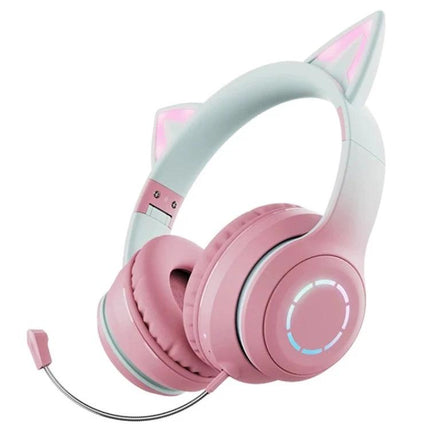 Cat Ear Wireless Headphones With RGB Lights For Calls pink Bluetooth headset with detachable mic, foldable hinge and glowing RGB ears