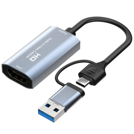 HDMI to USB-C Video Capture Device for Screen Recording — aluminum HDMI capture dongle with USB-C and USB-A connectors for live streaming and recording