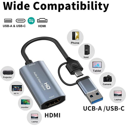 HDMI to USB-C Video Capture Device for Screen Recording, aluminum alloy capture box with HDMI input and USB-C/USB-A cable for PC, tablet, camera