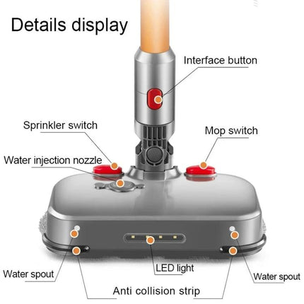 D2 Wet and Dry Mopping Head with Tank for Dyson Vacuums showing tank, sprinkler switch, water injection nozzle, mop switch and LED light
