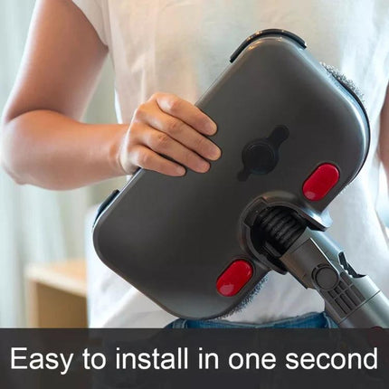 D2 Wet and Dry Mopping Head with Tank for Dyson Vacuums - close-up of hands attaching gray mopping head to vacuum, easy to install