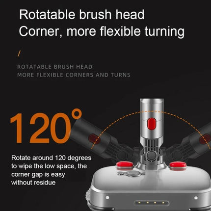 D2 Wet and Dry Mopping Head with Tank for Dyson Vacuums showing rotatable 120° brush head for flexible corner and low-space cleaning