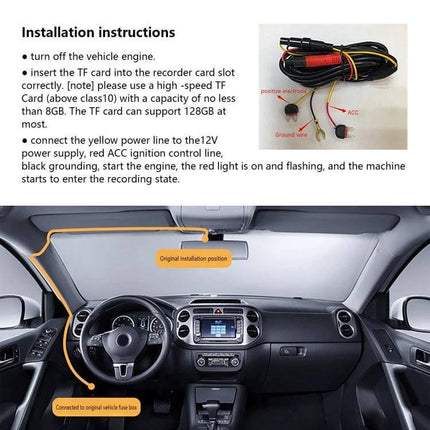 Dual Camera WiFi Car Dash Cam for Secure Driving Footage - installation wiring guide showing connection from rearview mount to vehicle fuse box and 12V ACC