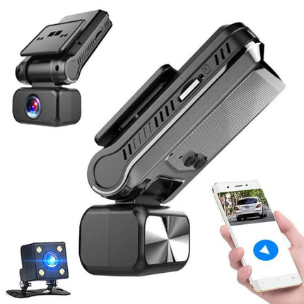 Dual Camera WiFi Car Dash Cam for Secure Driving Footage showing main and rear cameras with mobile app live view