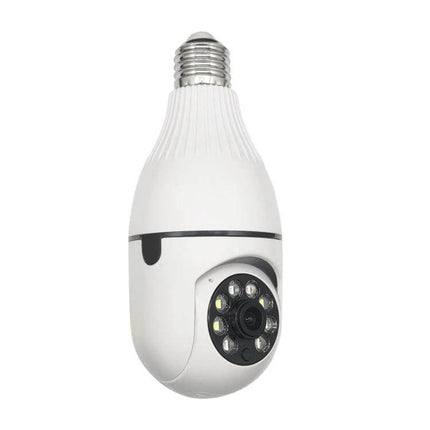 360-Degree Smart WiFi Bulb Camera for Home Monitoring white bulb camera with screw base, fisheye lens and night LEDs for pet and home surveillance