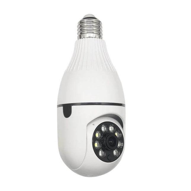 360-Degree Smart WiFi Bulb Camera for Home Monitoring white bulb camera with screw base, fisheye lens and night LEDs for pet and home surveillance