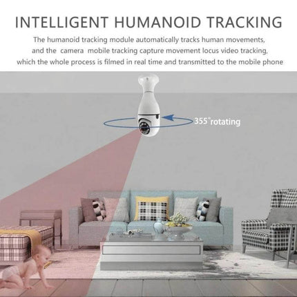 360-Degree Smart WiFi Bulb Camera for Home Monitoring showing 355° rotatable humanoid tracking camera installed in living room monitoring a crawling baby
