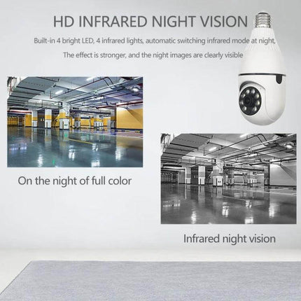 360-Degree Smart WiFi Bulb Camera for Home Monitoring showing HD infrared night vision comparison with full color and infrared images