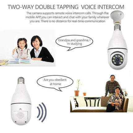 360-Degree Smart WiFi Bulb Camera for Home Monitoring showing two-way voice intercom, motion alerts, and family/pet monitoring in living room and study