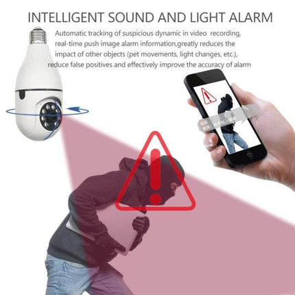 360-Degree Smart WiFi Bulb Camera for Home Monitoring showing bulb camera detecting intruder with smartphone alert
