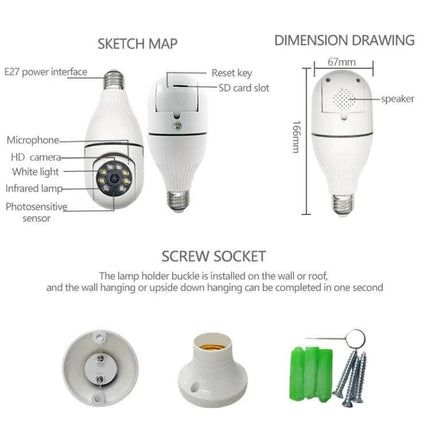 360-Degree Smart WiFi Bulb Camera for Home Monitoring technical diagram showing dimensions, features, E27 socket and screw socket accessories