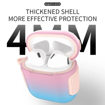 Protective Case for Everyday AirPods Use and Travel showing pink-blue gradient case with reinforced corners and opened lid
