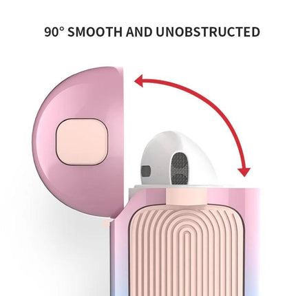 Protective Case for Everyday AirPods Use and Travel showing 90° smooth unobstructed lid and reinforced corners protecting AirPods