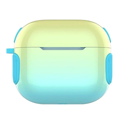 Protective Case for Everyday AirPods Use and Travel — gradient yellow-blue compact case with reinforced blue corner bumpers