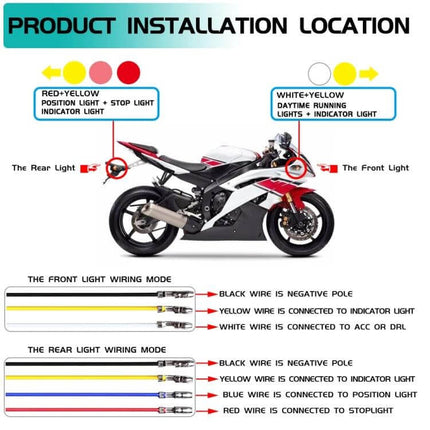 Motorcycle Tail Light for Brake and Turn Signals, Smoked Shell - diagram showing installation location and wiring for rear and front lights on sport motorcycle