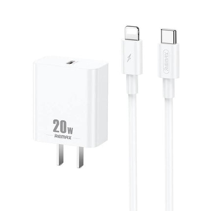 REMAX USB-C Charger Set for Daily Travel and Home Use - compact 20W white charger with USB-C to Lightning cable