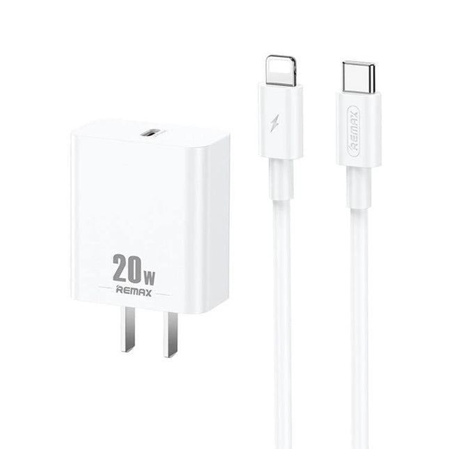 REMAX USB-C Charger Set for Daily Travel and Home Use - compact 20W white charger with USB-C to Lightning cable
