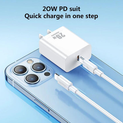 REMAX USB-C Charger Set for Daily Travel and Home Use - 20W PD compact white wall charger with USB-C cable charging smartphone