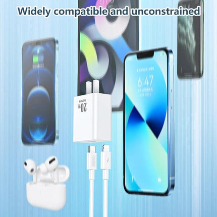 REMAX USB-C Charger Set for Daily Travel and Home Use shown charging phones, tablet and earbuds with compact 20W adapter and USB-C cable