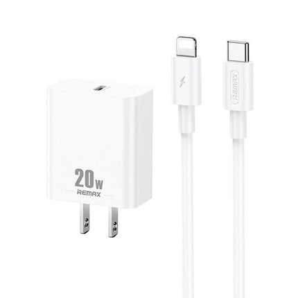 REMAX USB-C Charger Set for Daily Travel and Home Use - white 20W wall charger with USB-C to Lightning cable
