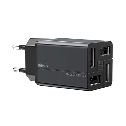 REMAX 4-Port USB Charger for Everyday Device Needs at Home compact black wall charger powering four phones and tablets simultaneously