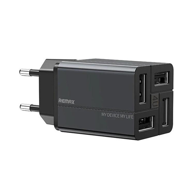 REMAX 4-Port USB Charger for Everyday Device Needs at Home compact black wall charger powering four phones and tablets simultaneously