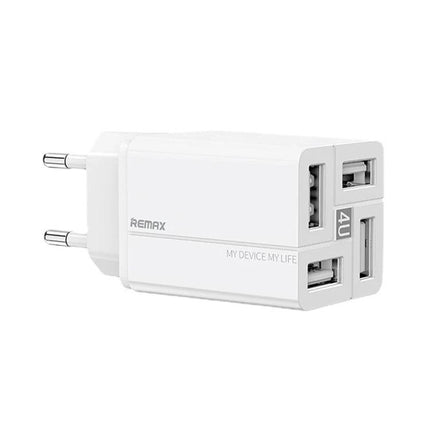 REMAX 4-Port USB Charger for Everyday Device Needs at Home — white compact charger powering four devices simultaneously