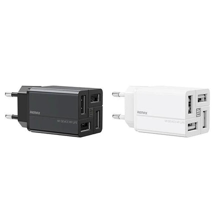 REMAX 4-Port USB Charger for Everyday Device Needs at Home - compact black and white multi-device wall charger