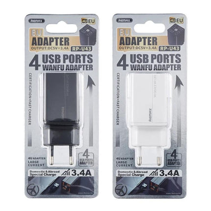 REMAX 4-Port USB Charger for Everyday Device Needs at Home - black and white 4-port EU plug chargers in retail packaging
