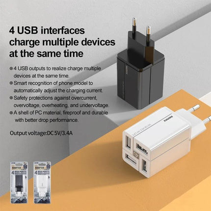 REMAX 4-Port USB Charger for Everyday Device Needs at Home - white 4-port wall charger powering smartphones and tablets