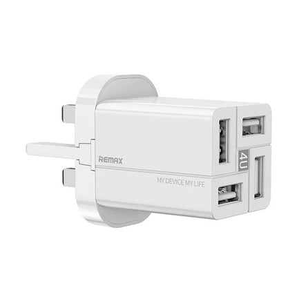 REMAX 4-Port USB Charger for Everyday Device Needs at Home - white wall plug charging four phones and tablets