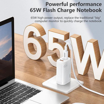 REMAX Charger for Daily Device Powering at Home and Travel white 65W wall charger charging laptop on desk with three ports