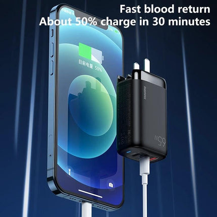 REMAX Charger for Daily Device Powering at Home and Travel - 65W wall adapter charging phone at 50% in 30 minutes