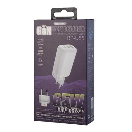 REMAX Charger for Daily Device Powering at Home and Travel - 65W GaN fast charger with three ports for phone, tablet, laptop (compact travel plug)