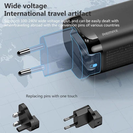 REMAX Charger for Daily Device Powering at Home and Travel - compact multiport travel charger with interchangeable international pins