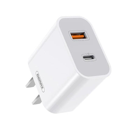 Remax Fast Charger for Daily Phone Use at Home and Travel - white dual-port USB and Type-C wall charger for travel and desk use