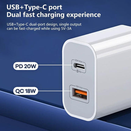 Remax Fast Charger for Daily Phone Use at Home and Travel - white dual-port charger with PD 20W Type-C and QC 18W USB ports for home and travel