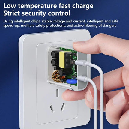 Remax Fast Charger for Daily Phone Use at Home and Travel showing internal circuitry, dual USB and Type-C ports charging two devices