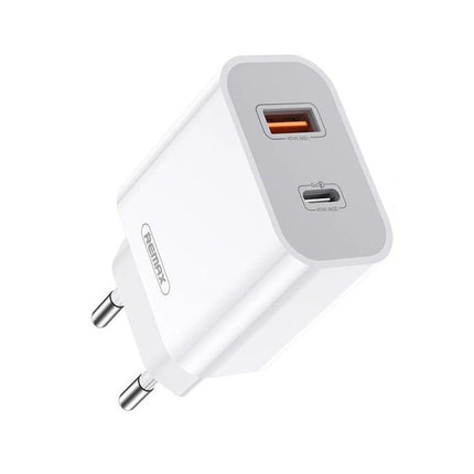 Remax Fast Charger for Daily Phone Use at Home and Travel white dual-port wall charger with USB-A and USB-C