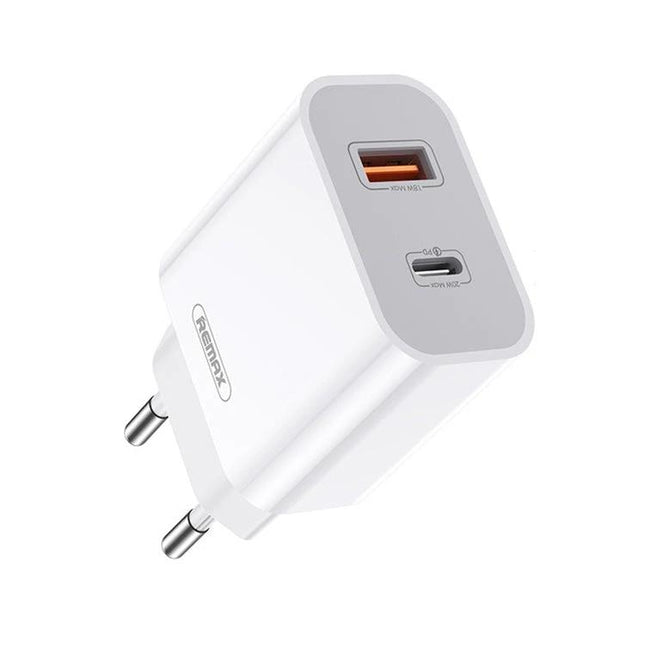 Remax Fast Charger for Daily Phone Use at Home and Travel white dual-port wall charger with USB-A and USB-C