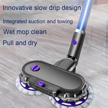 Electric Mop Cleaning Head with Water Tank for Dyson Vacuums on hardwood floor showing dual rotating pads and slow drip water tank attachment