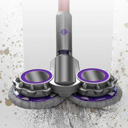 Electric Mop Cleaning Head with Water Tank for Dyson Vacuums shown attached, dual rotating mop pads lifting dirt for hard floor cleaning