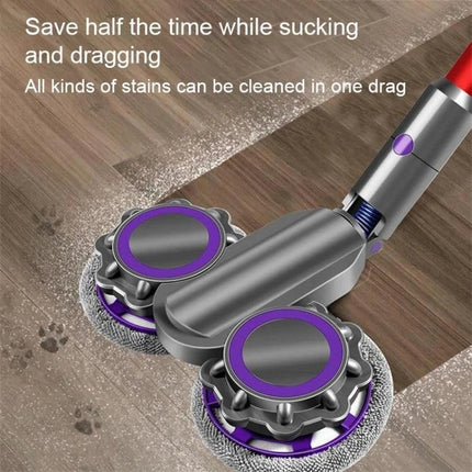Electric Mop Cleaning Head with Water Tank for Dyson Vacuums demonstrating dual rotating pads cleaning hardwood floor