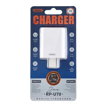 REMAX Charger for Everyday Device Power on the Go - white 20W PD compact travel USB-C wall charger in retail package