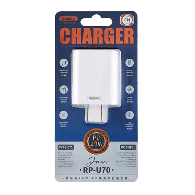 REMAX Charger for Everyday Device Power on the Go - white 20W PD compact travel USB-C wall charger in retail package