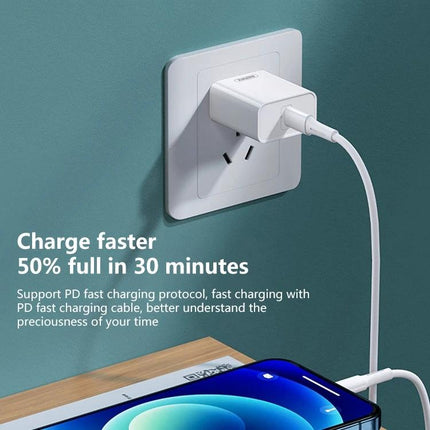 REMAX Charger for Everyday Device Power on the Go white 20W PD wall adapter charging a smartphone during travel