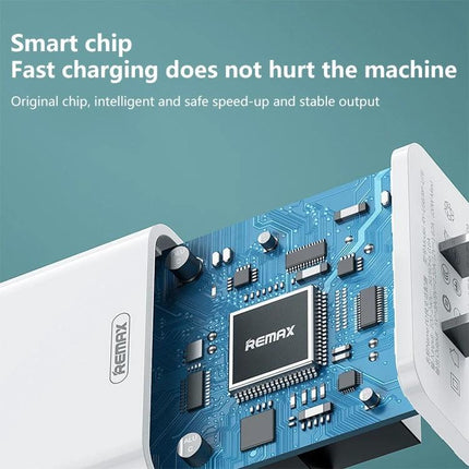 REMAX Charger for Everyday Device Power on the Go showing internal smart chip and 20W PD fast charging for smartphones and tablets
